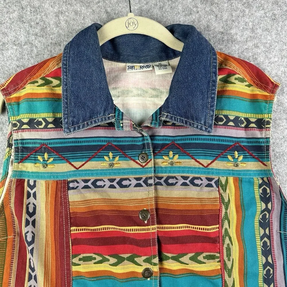 VTG Sun River Southwest Aztec Denim Vest Womens XL Western Beaded Cowboy Boho*